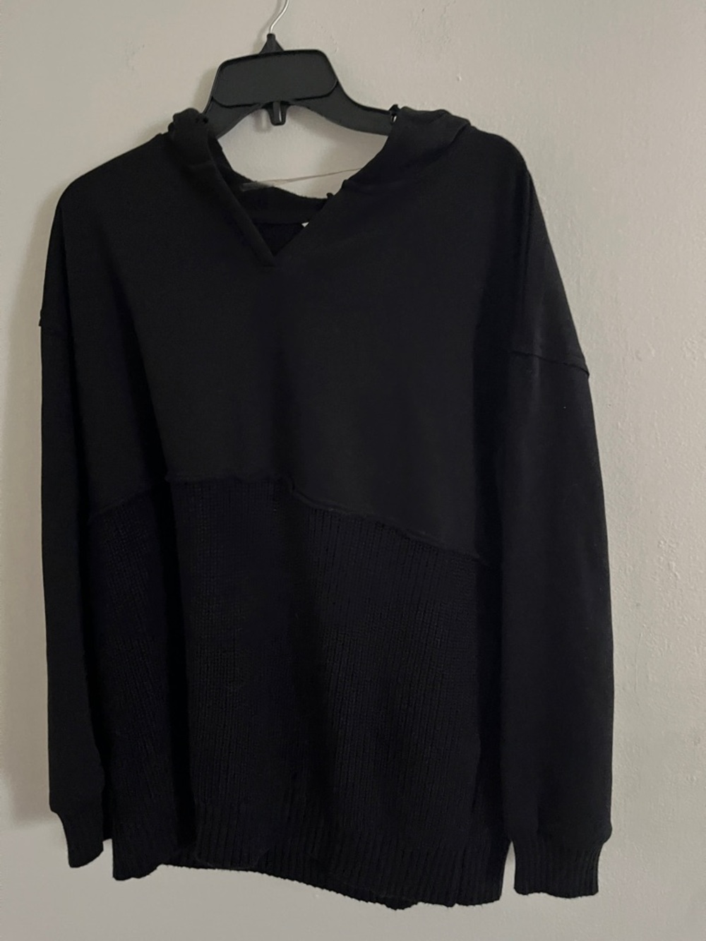 Time and Tru Black Crewneck Knit Pullover with Hooded Detail